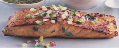 picture of Thai salmon with cucumber and dipping sauce
 Asian